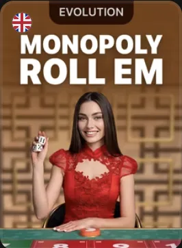Monopoly Roll Em cover: a presenter in a red dress holding dice above a numbered table